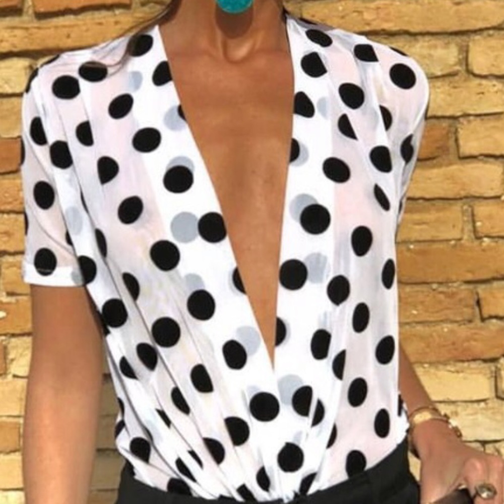 Dots Print Deep V Short Sleeve Bodysuit